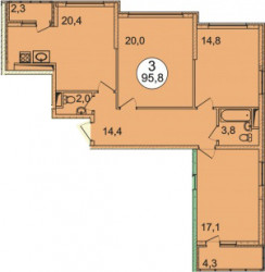 Трёхкомнатная квартира 95.8 м²