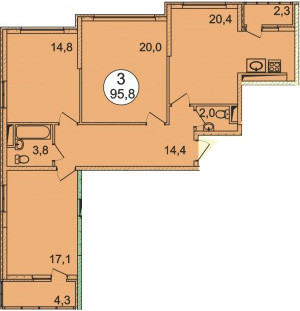 Трёхкомнатная квартира 95.8 м²