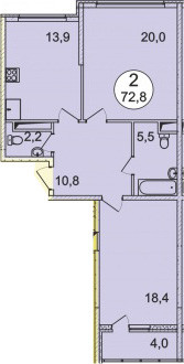 Двухкомнатная квартира 72.8 м²