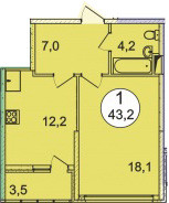 Однокомнатная квартира 43.2 м²